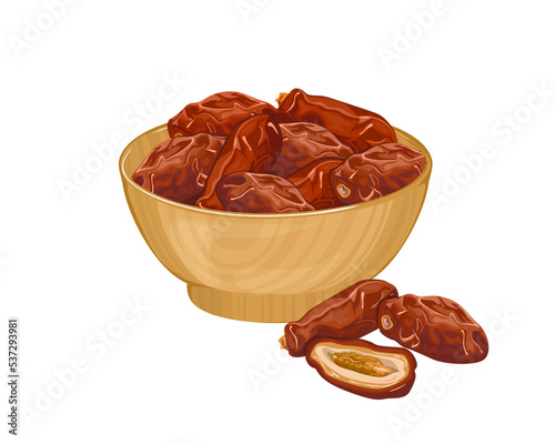 Dates fruit in wooden bowl isolated on white background. Vector cartoon illustration of sweet dried fruits.