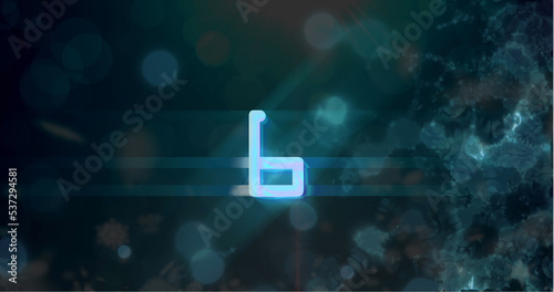 Image of blue retro digital number six in countdown on damaged screen with black background