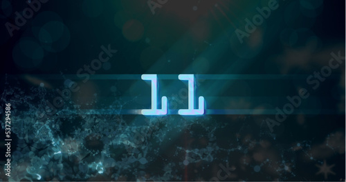 Image of blue retro digital number eleven in countdown on damaged screen with black background photo