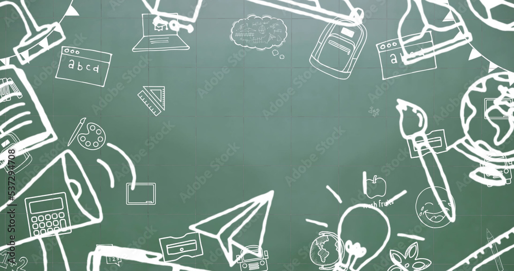 Illustration of school supplies doodles against gray background, copy space Illustration of school supplies doodles against gray background, copy space