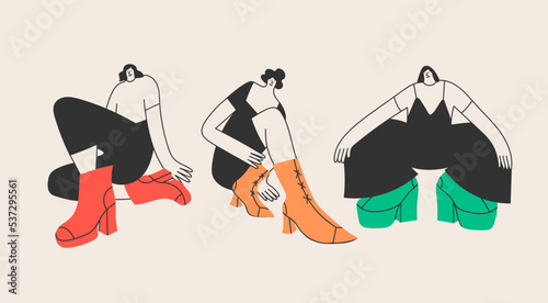 Set of people with big boots and small heads. Cute abstract disproportionate characters. Different shoes and poses. Hand drawn Vector illustration. Every person is isolated. Print, design templates 