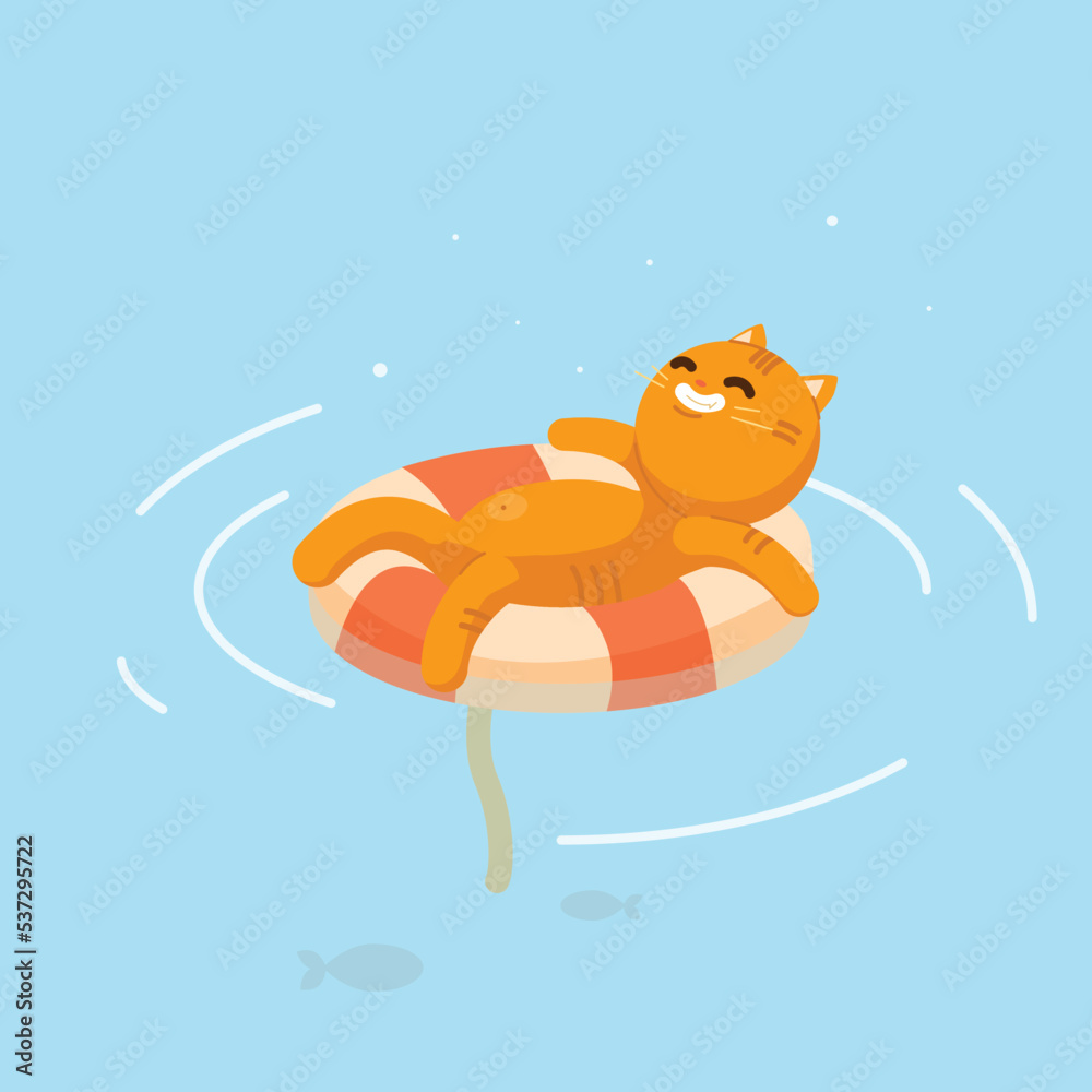 Vector illustration of a cute cartoon cat floating on a circle in the pool, among the sea, on a blue background cartoon card in kawaii anime style,