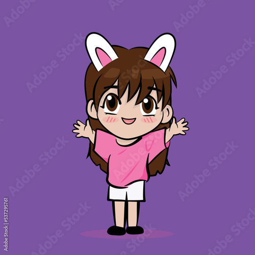 Cute cartoon K-pop girl with rabbit ears wearing a pink t-shirt. for avatars, stickers, t-shirts, postcards, stickers, printing on the bag. vector