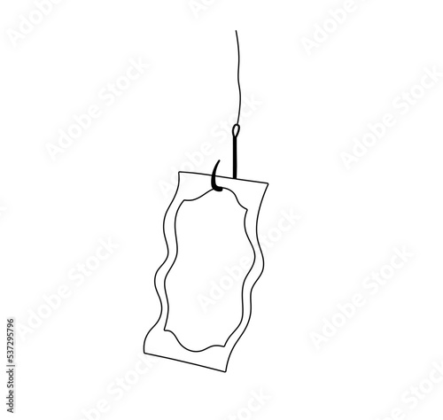 Vector isolated one paper banknote bill on a fishing hook colorless black and white contour line easy drawing