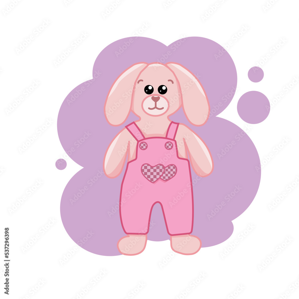 Obraz premium Flat vector illustration of a cute plush pink rabbit hare. Funny children's toy. vector illustrator design 