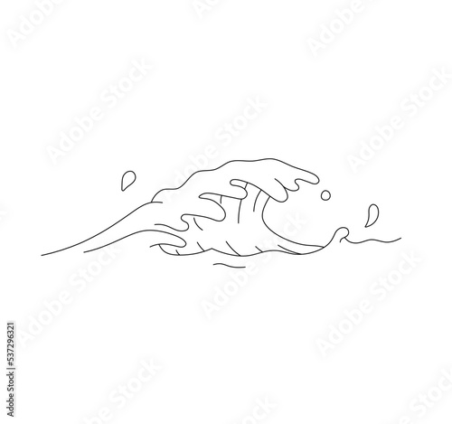 Vector isolated big wide sea ocean tsunami wave with splashes colorless black and white contour line easy drawing