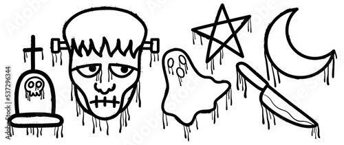 Set of graffiti spray pattern. Collection of halloween symbols, ghost, frankenstein, coffin, star, knife with spray texture. Elements on white background for banner, decoration, street art, halloween.