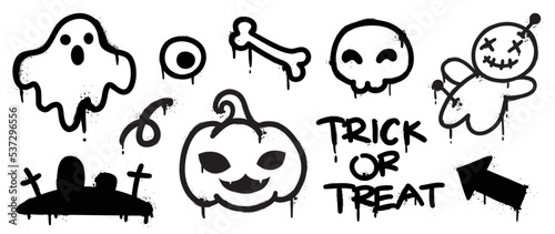 Set of graffiti spray pattern. Collection of halloween symbols, ghost, bone, skull, pumpkin, eye, doll with spray texture. Elements on white background for banner, decoration, street art, halloween