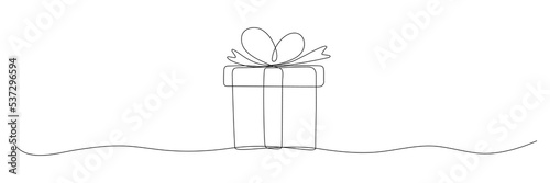 Gift box continuous line drawing. One line present with ribbon bow. Vector isolated on white.
