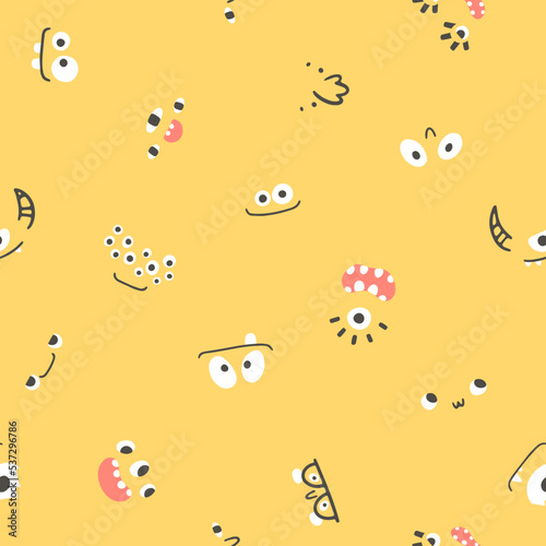 Monsters faces seamless pattern. Many eyes smiles with teeth. Cute cartoon character in simple hand-drawn Scandinavian style. Vector childish doodle illustration. Baby textiles, fabric, digital paper.