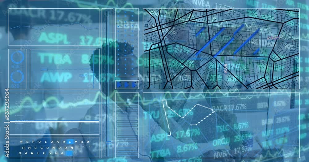 Animation of interface and stock market data processing against diverse men discussing at office