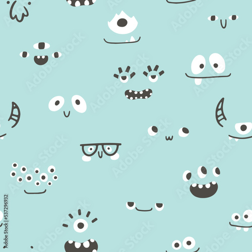 Monsters faces seamless pattern. Many eyes smiles with teeth. Cute cartoon character in simple hand-drawn Scandinavian style. Vector childish doodle illustration. Baby textiles, fabric, digital paper.