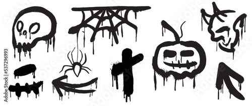 Set of graffiti spray pattern. Collection of halloween symbols, skull, pumpkin, demon, cross with spray texture. Elements on white background for sticker, banner, decoration, street art, halloween