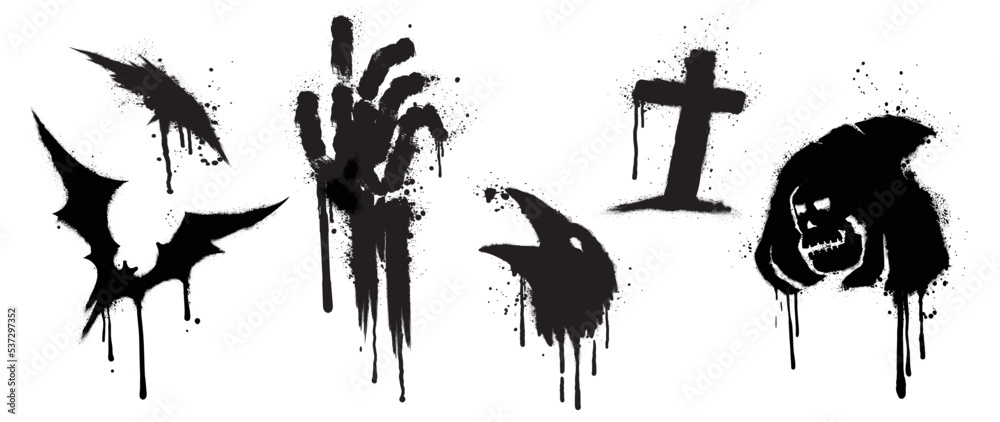 Vecteur Stock Set of graffiti spray pattern. Collection of halloween  symbols, ghost, bat, mask, cross, demon with black spray texture. Elements  on white background for banner, decoration, street art, halloween. | Adobe