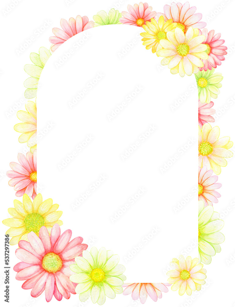 Watercolor frame of red and yellow gerberas, isolated on transparent background