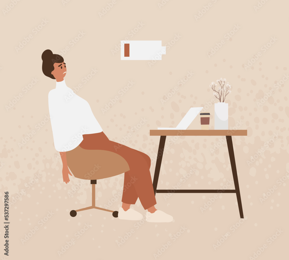 Fototapeta premium Woman got burnout in workplace. Vector illustration of stressed, overworked tired professional. Employee without energy.