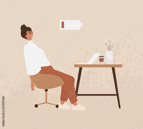 Woman got burnout in workplace. Vector illustration of stressed, overworked tired professional. Employee without energy.