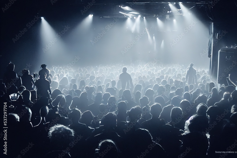 Concert crowd with lights and people silhouettes. 3d render.