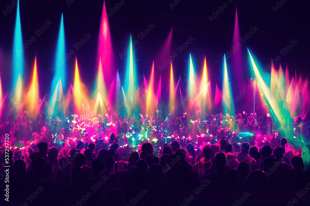 Concert crowd with vibrant lights and people silhouettes. 3d render.