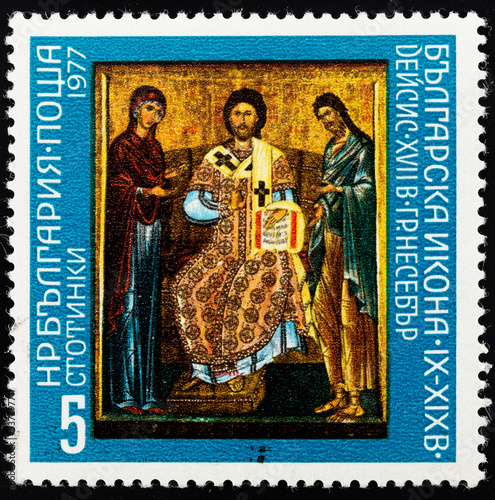 Postage stamp 'Deesis, 17th Century, Nessebar' printed in Bulgaria. Series: '1000 Years Bulgarian Icons IX-XIX cent.', 1977
