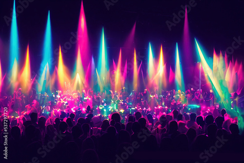 Concert crowd with vibrant lights and people silhouettes. 3d render.