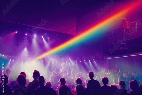 Concert crowd with rainbow lights and people silhouettes. Digital illustration. 3d render art.