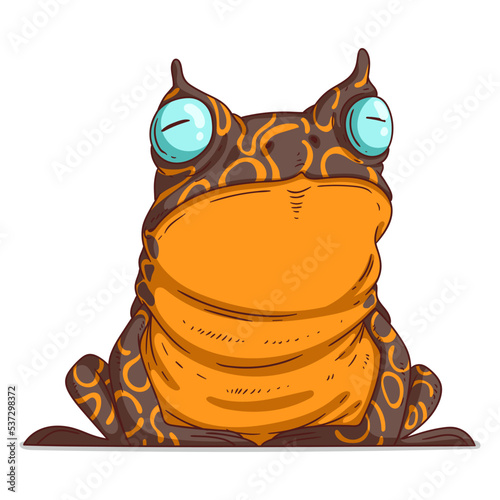 An Exotic Frog, isolated vector illustration. Cartoon picture of a calm tropic toad sitting. Drawn animal sticker. Simple drawing of a horned frog on white background. The Amazon rainforest amphibian.