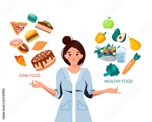 A young woman chooses between healthy and unhealthy food, fast food and a balanced menu. Vector illustration in cartoon style