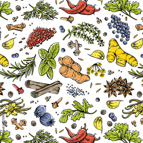 seamless spice pattern. Herbs and spices. Pepper, sesame, thyme, basil, coriander, cinnamon, cloves