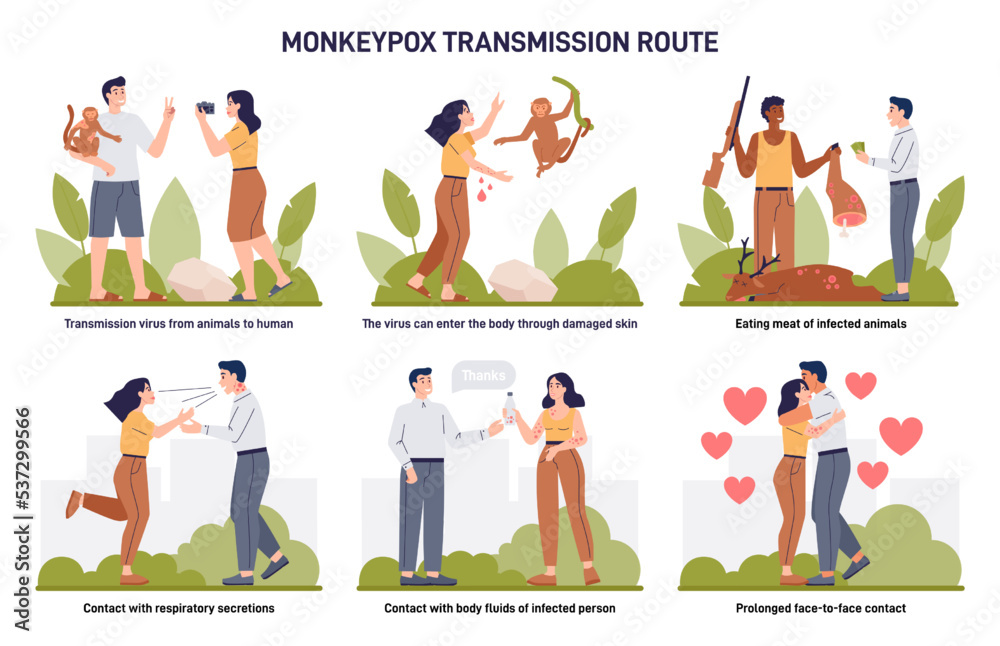 Obraz premium Monkeypox transmission route set. Virus animal-to-human transmission