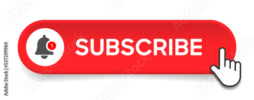 Subscribe button Bell, notification icon button and hand cursor click. Red button subscribe to channel social media, marketing, blog. Vector illustration for website, mobile app, UI UX. EPS 10