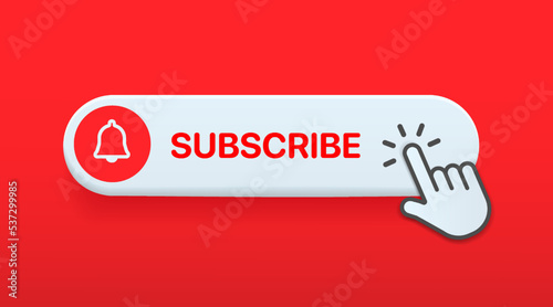 Subscribe button Bell, notification icon button and hand cursor click. Red button subscribe to channel social media, marketing, blog. Vector illustration for website, mobile app, UI UX. EPS 10