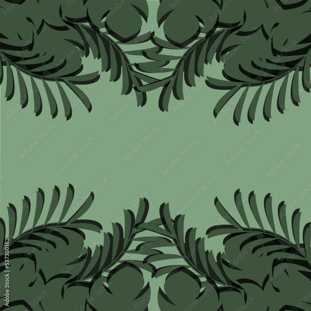 Pattern with beautiful palm leaves on green background with copy space. Vector illustration with tropical leaf. Print for wallpaper and textile.