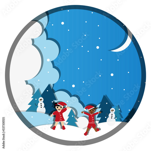 Cut out paper christmas card with children in santa claus costumes, snowman, christmas tree, snow hill, snowflakes and moon on blue sky background. Christmas concept.