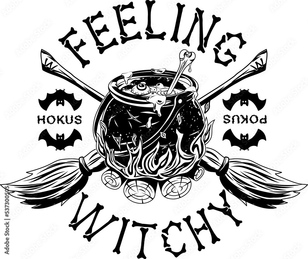 Monochrome label with witchy cauldron with bubbling potion on the bonfire, bone, crossed brooms, silhouette of bat, text Image with none anti-aliasing, easy to recolor. POD, Print on Demand design - obrazy, fototapety, plakaty 
