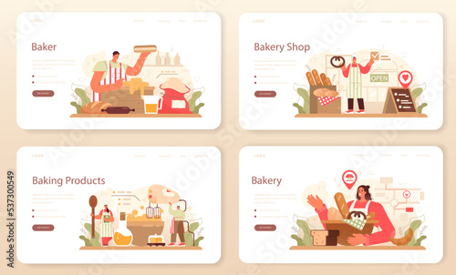 Baker web banner or landing page set. Chef in the uniform baking