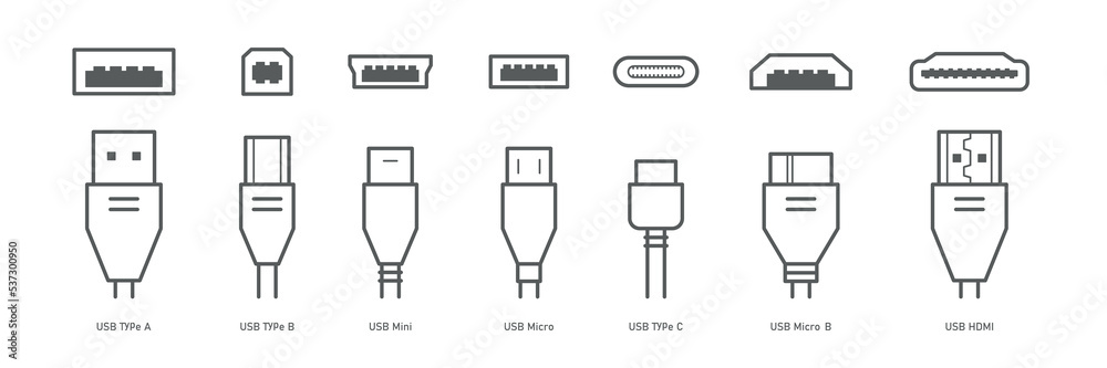 Cable connectors and plugs line icons set . USB, HDMI, ethernet icon set. Mini, micro, lightning, type A, B, C connectors. Vector illustration white  background