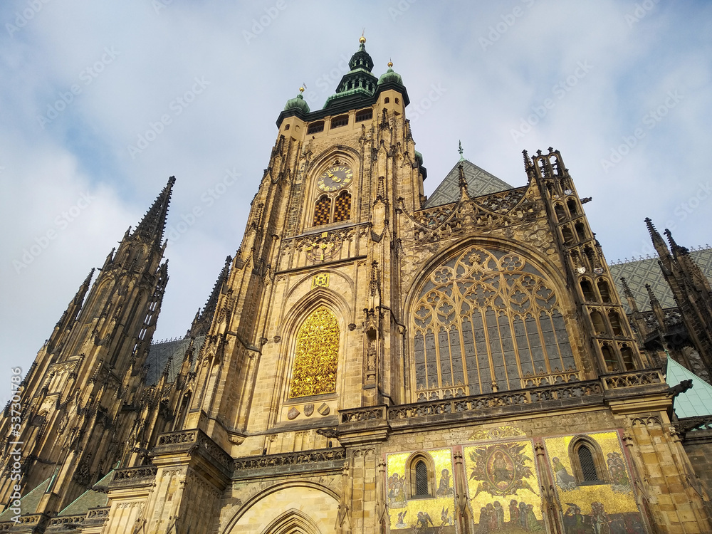 Fototapeta premium St. Vitus Cathedral. Beautiful view of the gothic cathedral, low angle view.