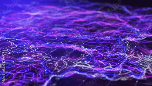 Top view glow pink purple blue digital landscape. 3D Rendering.