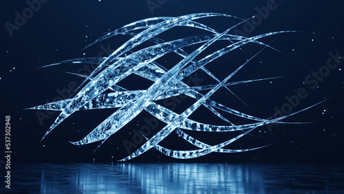 Ice curves move in a vortex of particles on a blue background. 3D illustration