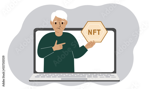 NFT concept. A laptop in which a old man with the image of NFT in the palm of his hand. Auction of non-fungible tokens, markets, online education.