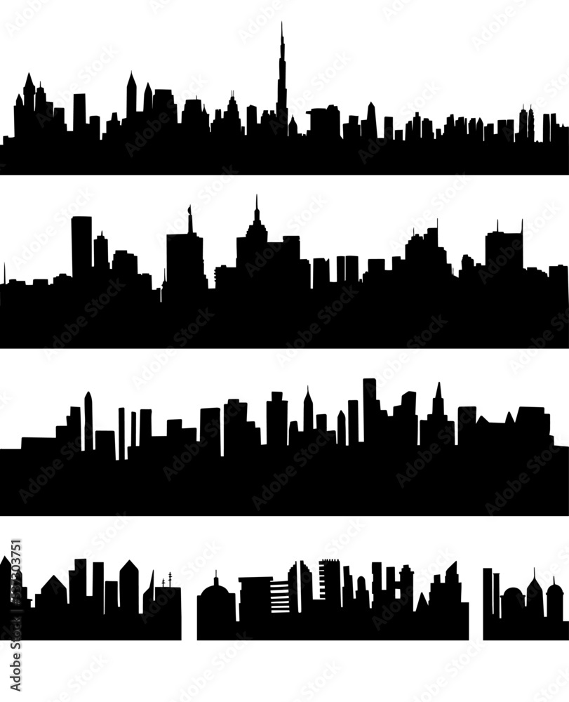 Set of silhouettes of different modern cities . Vector illustration