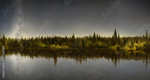 Illustration of a lake and natural surroundings, reflection on water