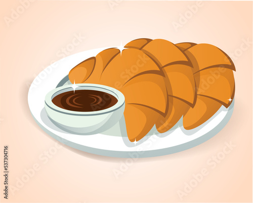 Bread, Flour Products, Sweet Food Concept. sauce to accompany the bread with a delicious chocolate taste. Pastry Muffin Treat Confectionery Man Take Fresh Bread Off the Plate. Bread Vector Illustratio