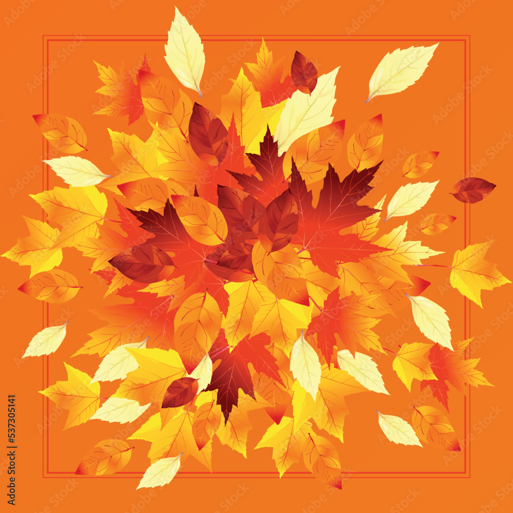 Autumn Sale Design with Falling Leaves on orange Background. Autumnal Vector Illustration with Elements for Special Offer, for Coupon, Voucher, Banner, Flyer, Promotional Poster or textile design