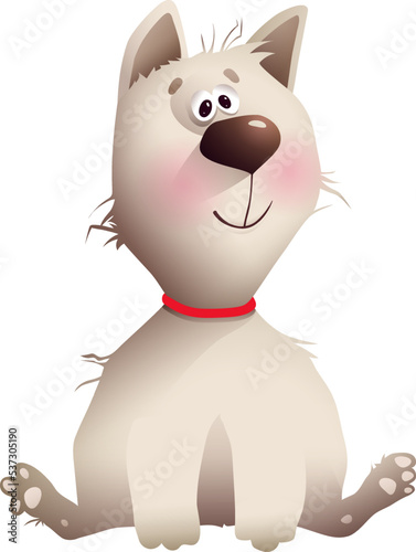 Funny mongrel dog sitting, cute comic doggy cartoon for kids. Adorable fluffy stray dog, friendly puppy character design. Vector illustration for children.