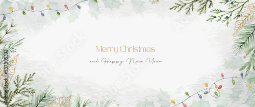 Watercolor vector Christmas background with fir branches and luminous garland.