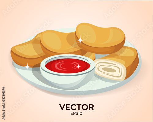 Delicious nuggets on a plate, chunks of meat with crunchy skin and accompanied by chili sauce, Nuggets vector on plate delicious