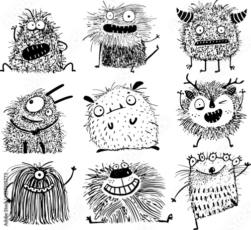 Adorable little monsters creatures collection for children, naughty playful monsters design clipart set. Hand drawn black and white outline haired creatures for kids vector illustration.