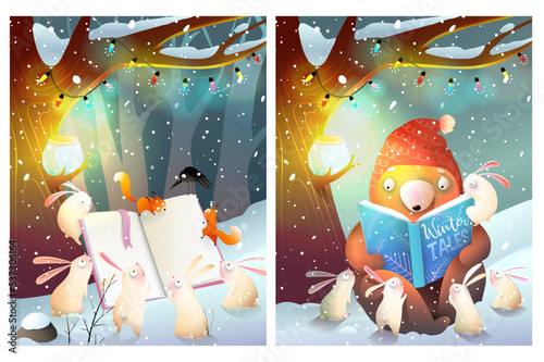 Bear and bunnies reading a book or study in forest under a tree. Winter animals scene reading book at night. Animals story or fairy tale illustration for kids. Watercolor style vector for children.